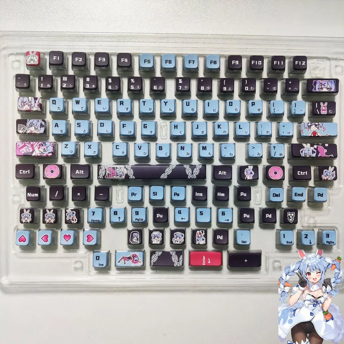Hatsune Miku Rabbit Hole translucent keycaps set from various angles, showcasing vibrant anime-inspired designs and ethereal RGB glow.