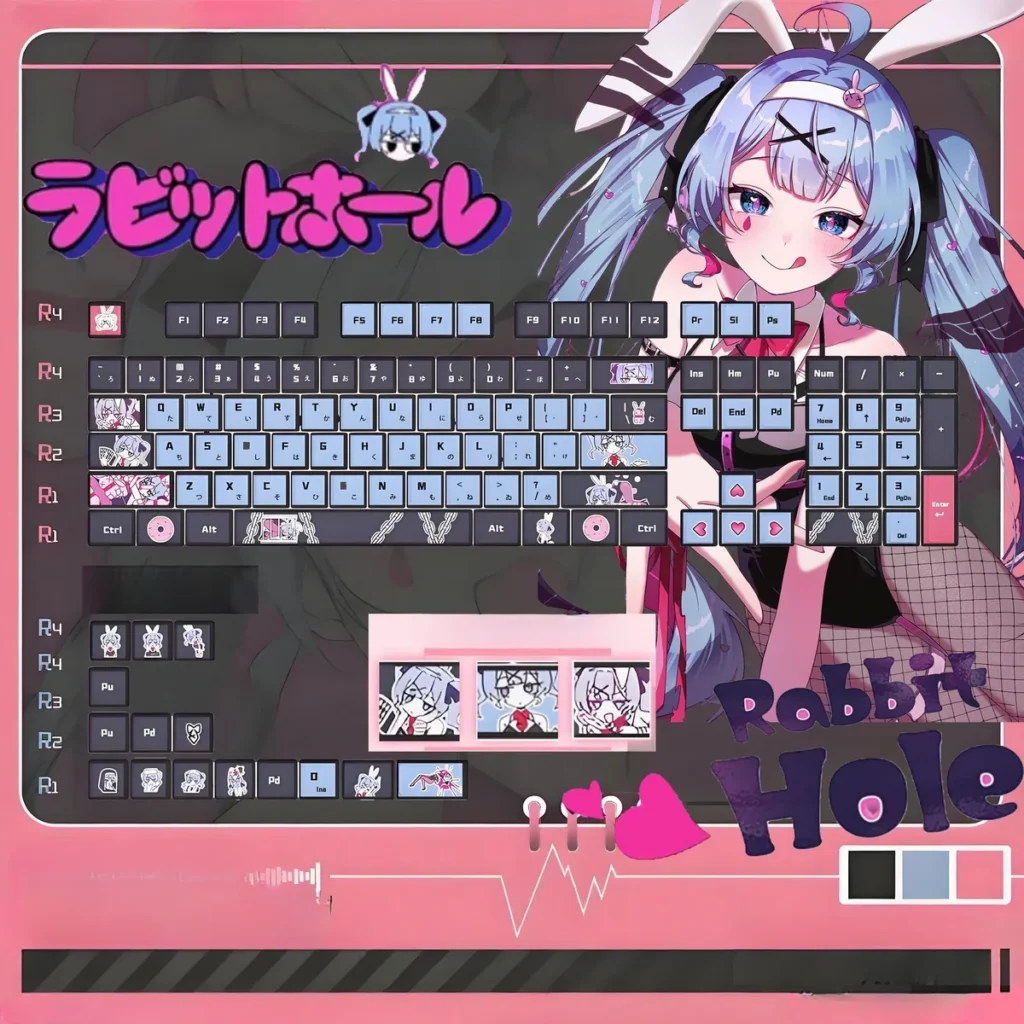 This main image showcases the Hatsune Miku Rabbit Hole translucent keycaps set, featuring vibrant, ethereal anime designs and a dynamic RGB glow.
