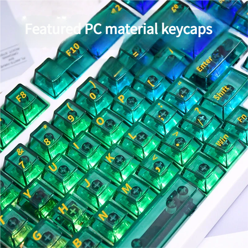 A gallery of vibrant tropical Hawaiian PC dye-sub keycaps set, showcasing their translucent glow and lush light green details from various angles.