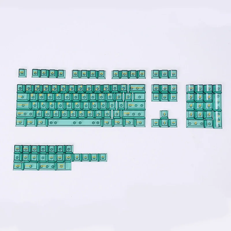 Experience the vibrant tropical Hawaiian PC dye-sub keycaps from multiple angles, highlighting their premium translucent glow and lush light green design.