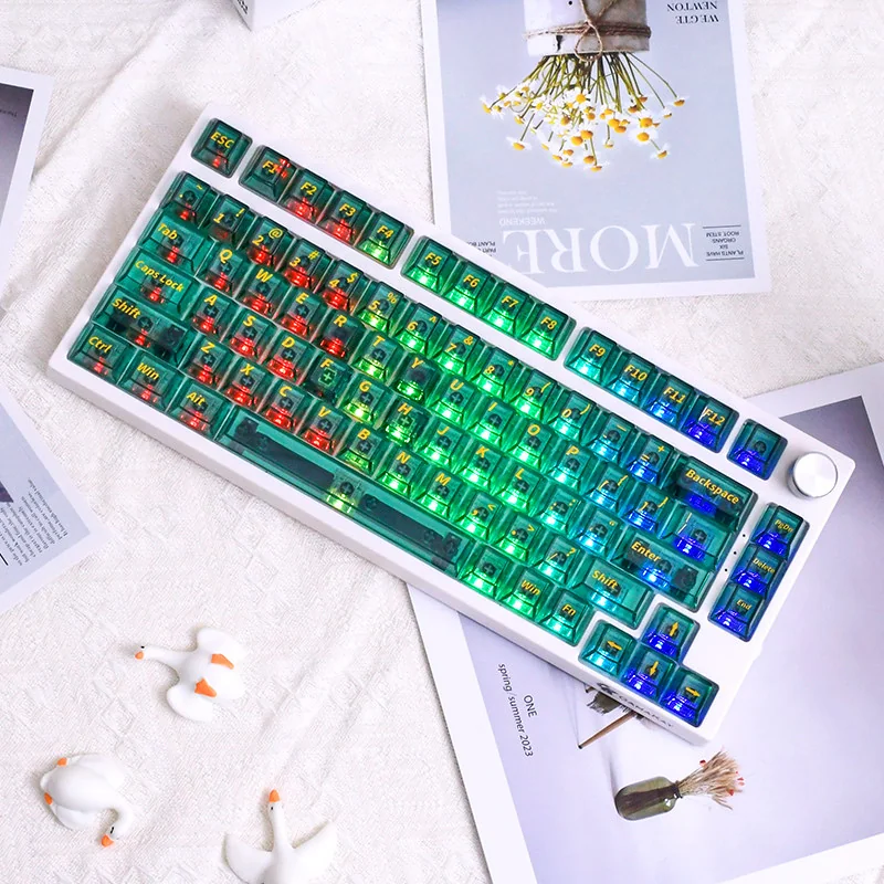 Vibrant 130-key set of light green translucent PC Hawaiian keycaps set, dye-sublimated with tropical designs, presented in a clear can.