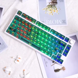 Vibrant tropical Hawaiian PC dye-sub keycaps set with a translucent glow, showcasing lush light green details perfect for a playful keyboard paradise.