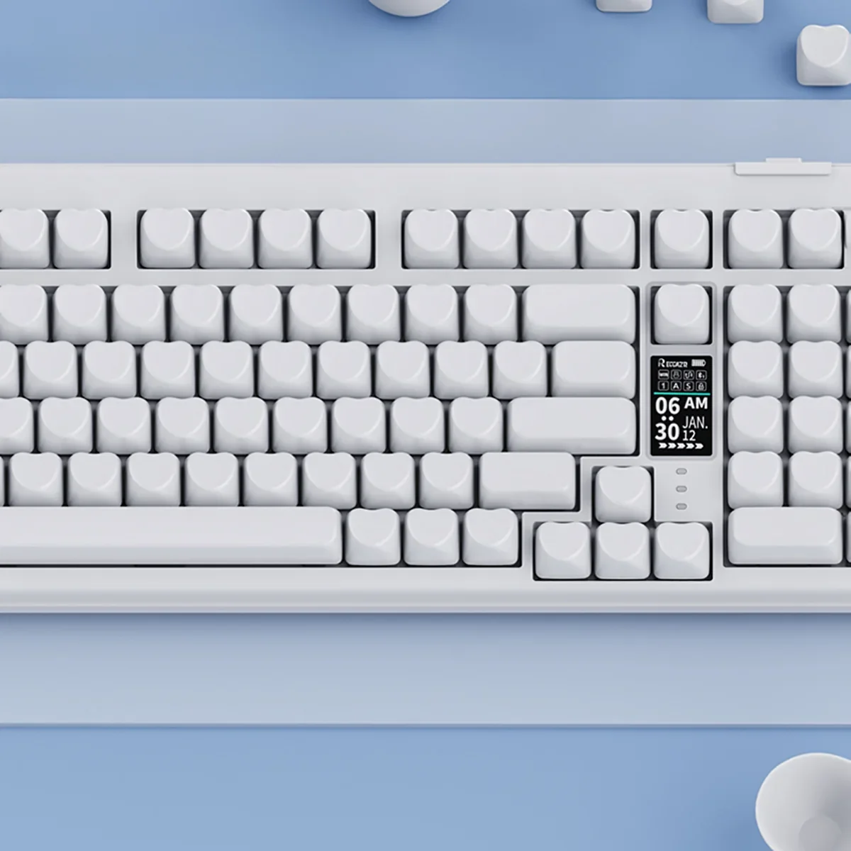 Close-up gallery views of the minimalist pure white Heart PBT Keycap Set, showcasing its delicate heart design and durable PBT material from multiple elegance design.