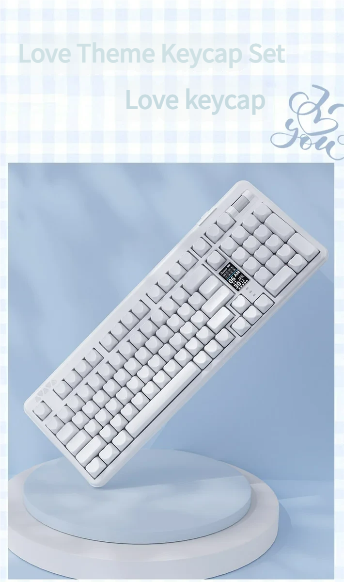 Close-up views of the minimalist pure white Heart PBT Keycap Set, highlighting its durable PBT material and elegant heart motif from multiple angles.