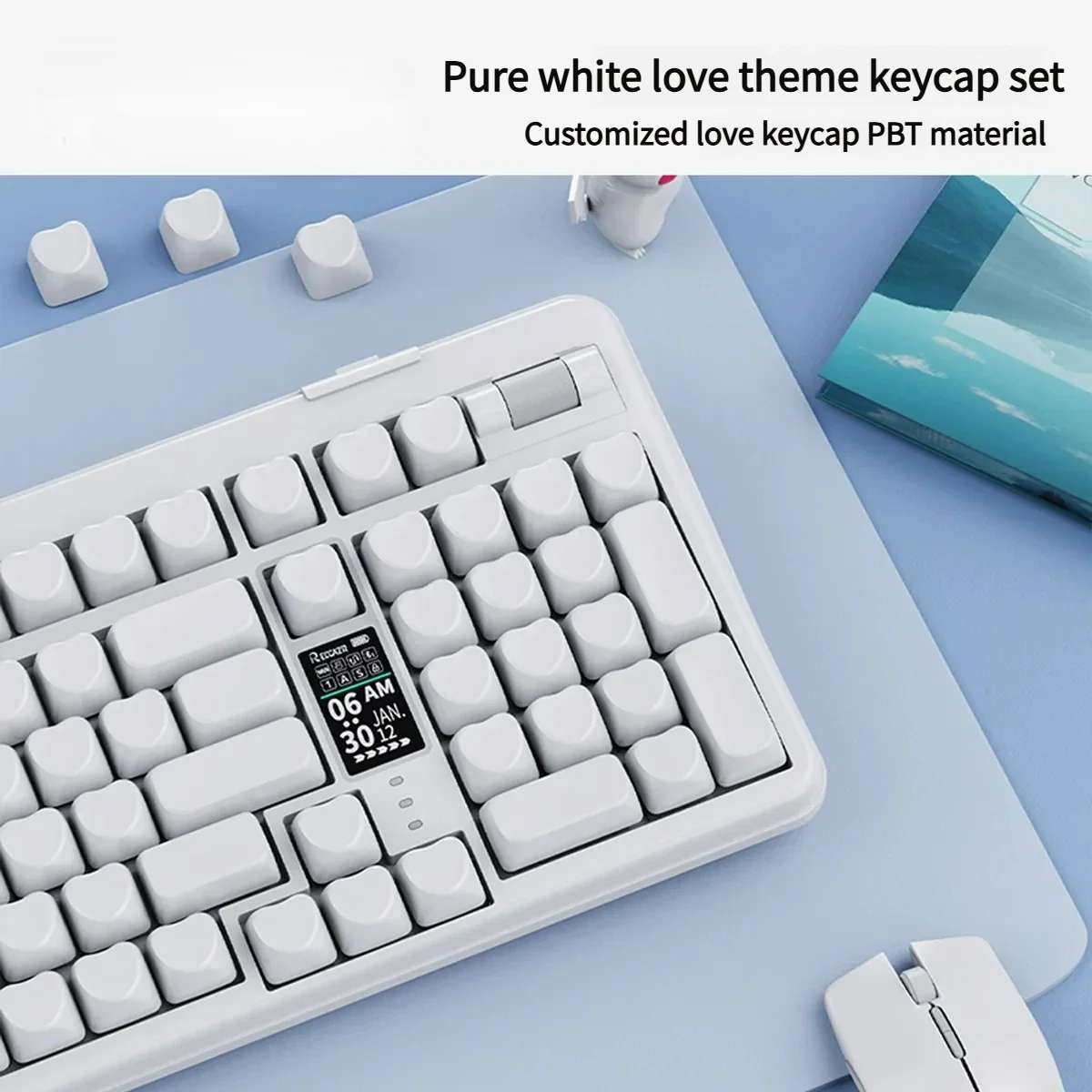 Detailed gallery views of the premium Heart PBT Keycap Set, highlighting its durable PBT construction, minimalist pure white finish, and elegant heart design.