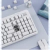 Close-up of a minimalist pure white PBT heart keycap set, highlighting its durable texture and subtle, elegant design for a sophisticated keyboard.