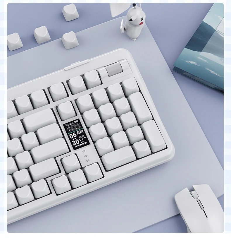 Close-up of a minimalist pure white PBT heart keycap set, highlighting its durable texture and subtle, elegant design for a sophisticated keyboard.