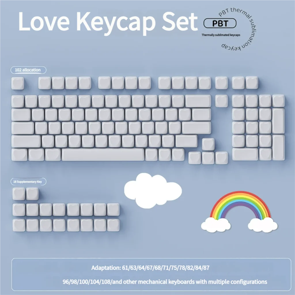 Close-up of a minimalist pure white PBT heart keycap set, highlighting its durable texture and subtle, elegant design for a sophisticated keyboard.