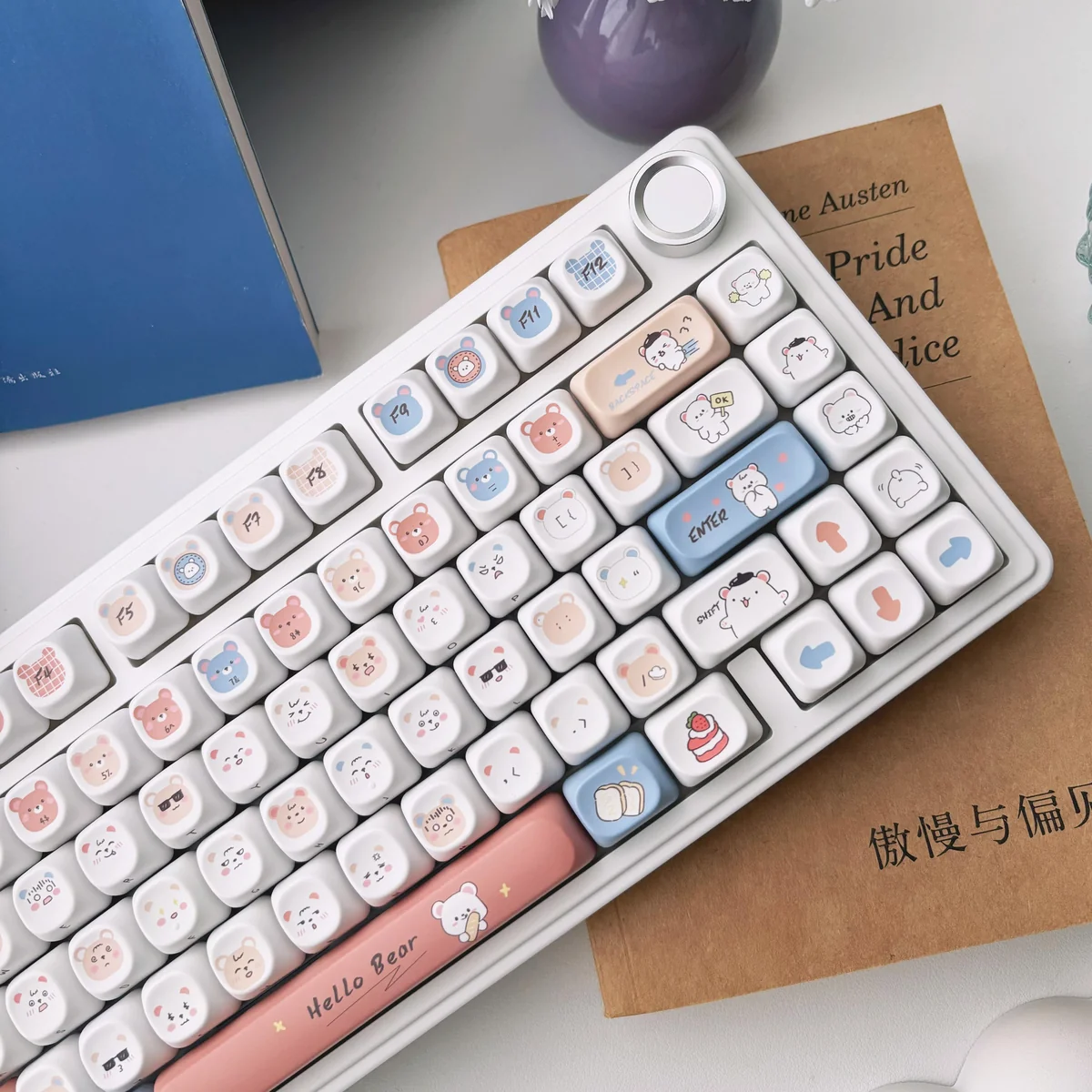 Close-up of a Hello bear emoji PBT keycap set, showcasing its durable texture and design, perfect for a playful keyboard.