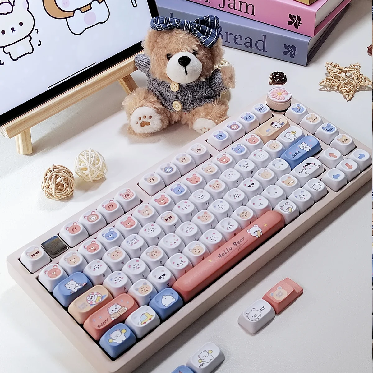 Hello bear emoji PBT keycaps set displayed from various angles, showcasing their durable PBT construction and playful colors design.