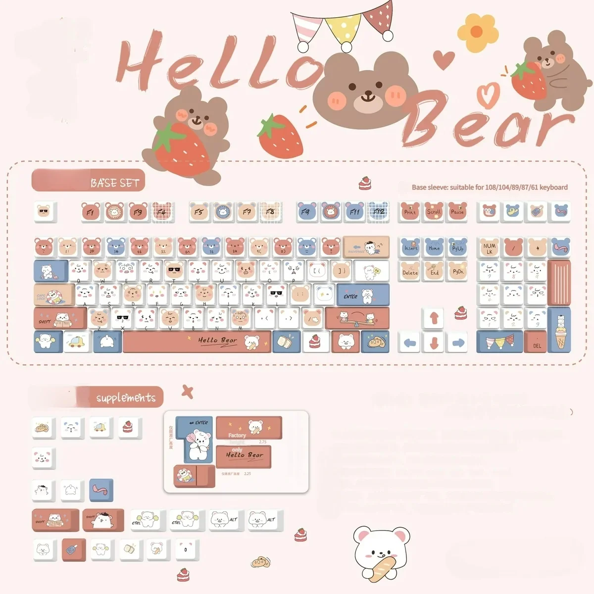 Vibrant PBT Hello bear emoji keycaps set, with cheerful white side-printed legends and durable shine-through for a playful keyboard.