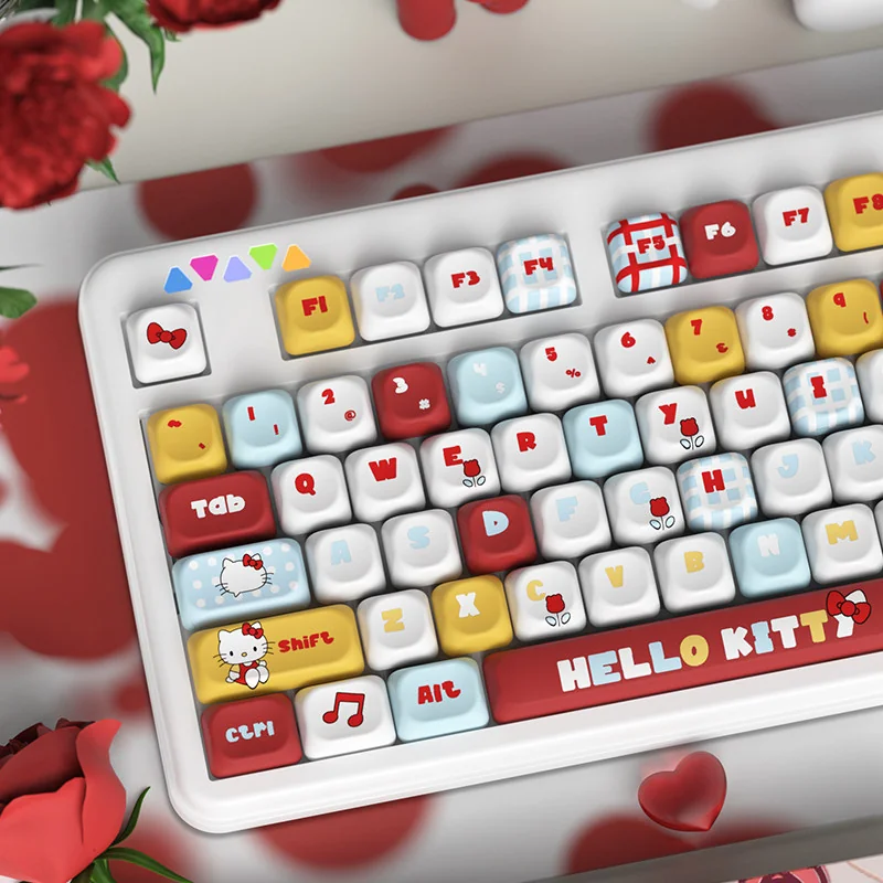 A collection of Hello Kitty MOA profile keycaps set from different angles, highlighting the vibrant character art and smooth, ergonomic design.