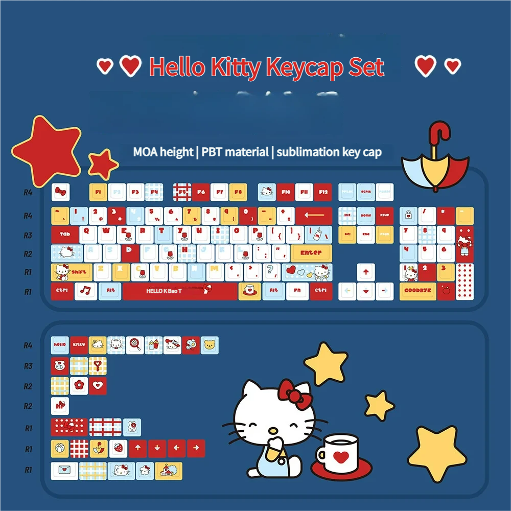 Playful Hello Kitty MOA profile keycap set gallery, highlighting its iconic design and smooth ergonomic shape from various cheerful perspectives.