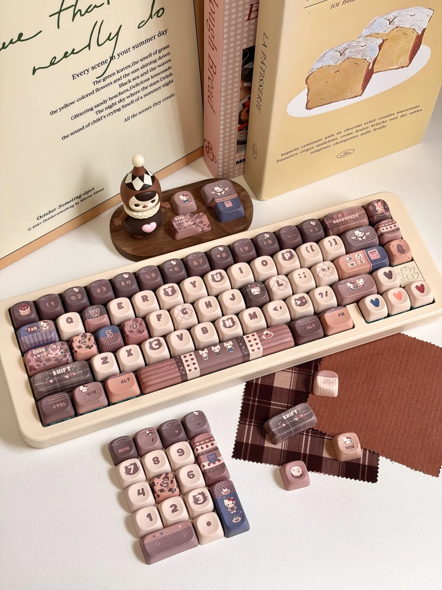 Exclusive Hello Kitty Mont Blanc dessert keycaps set, displaying warm creamy browns, whites, playful Hello Kitty motifs, and elegant dessert designs.