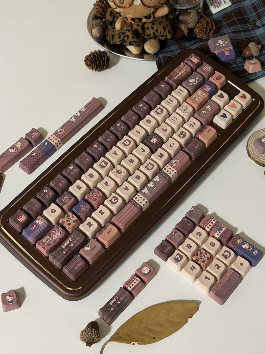 Whimsical Hello Kitty Mont Blanc keycaps set showcase a delightful cat head design in rich chestnut and creamy white hues, part of the exclusive dessert-inspired.