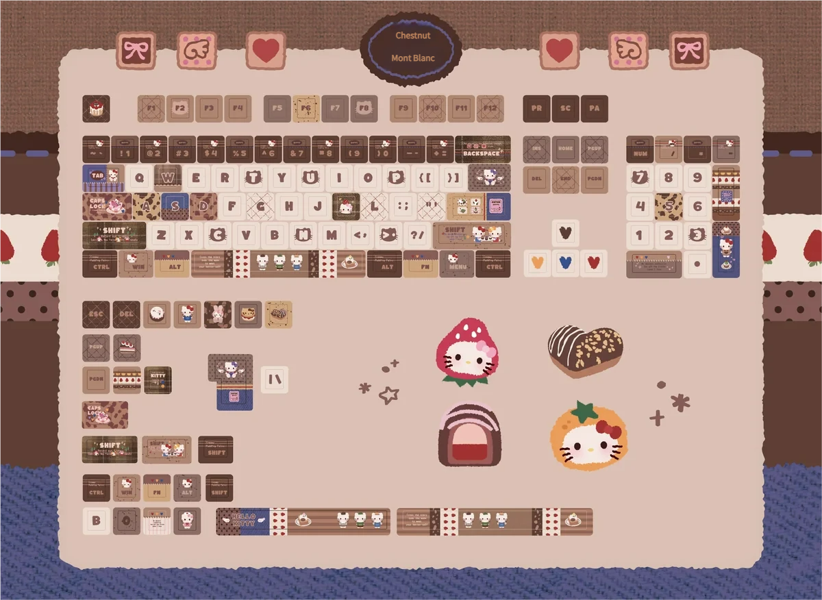 Hello Kitty Mont Blanc chestnut 147-key MDA profile keycap set, showcasing warm creamy browns and whites for a delightful dessert-inspired setup.