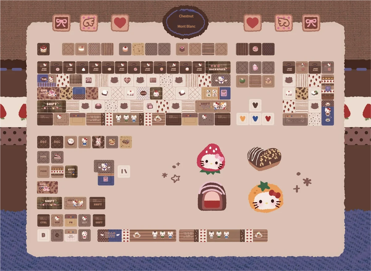 Playful Hello Kitty Mont Blanc keycaps set in warm chestnut and creamy white, featuring 130 side-engraved backlit keys for a cozy dessert aesthetic.