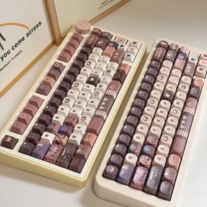 Delightful Hello Kitty keycaps set in an exclusive Mont Blanc dessert theme, showcasing warm creamy browns and whites for a cozy look.