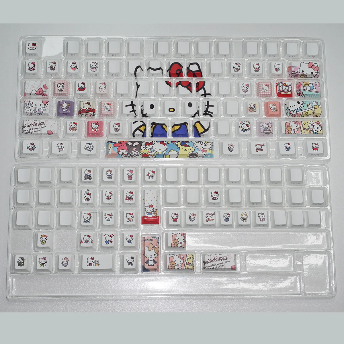 A playful gallery of Hello Kitty side-engraved backlit keycaps set from various angles, showcasing charming graphics and vibrant RGB glow on a mechanical keyboard.