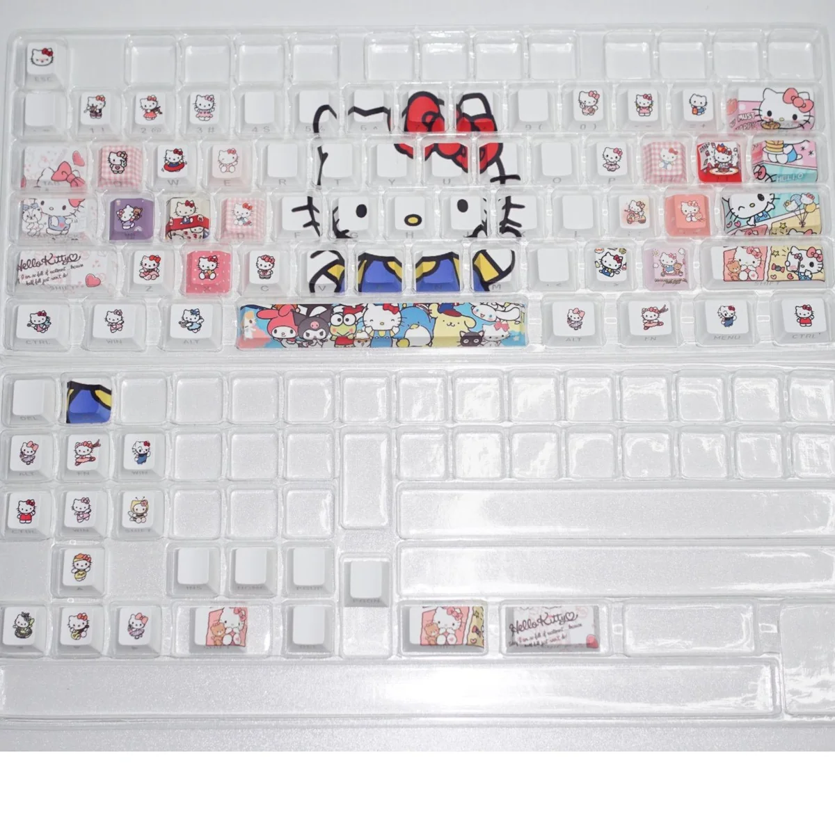 Playful Hello Kitty side-engraved backlit keycaps set shown from multiple angles, highlighting the charming graphics and vibrant RGB illumination.