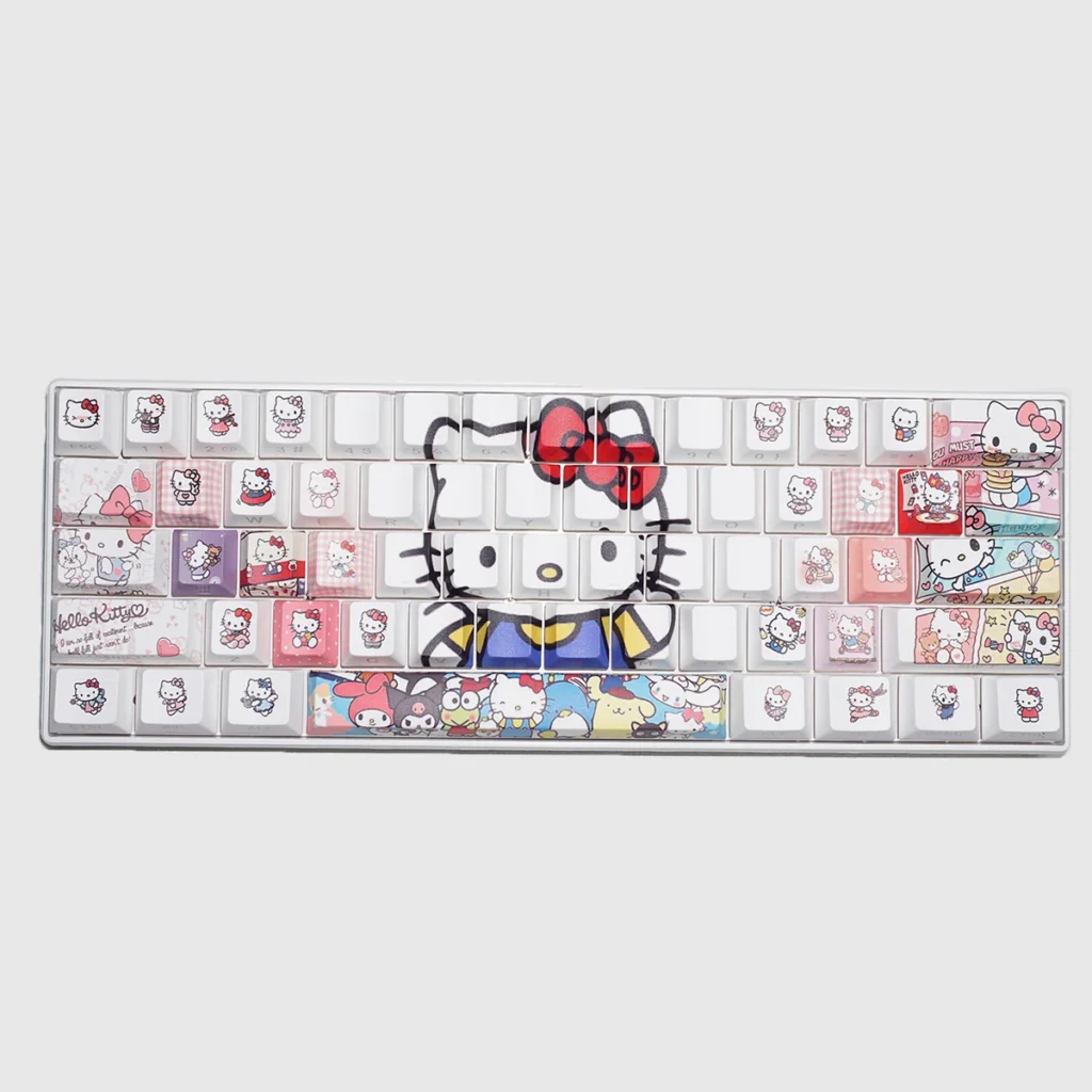 Close-up of adorable Hello Kitty side-engraved backlit keycaps set glowing with vibrant RGB light, showcasing the iconic design.