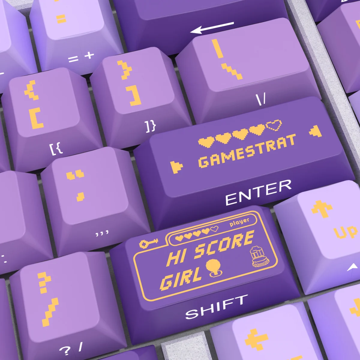 Playful Hi Score Girl PBT keycaps set gallery, highlighting side-printed anime characters, retro arcade pixel art, and backlit features from multiple angles.