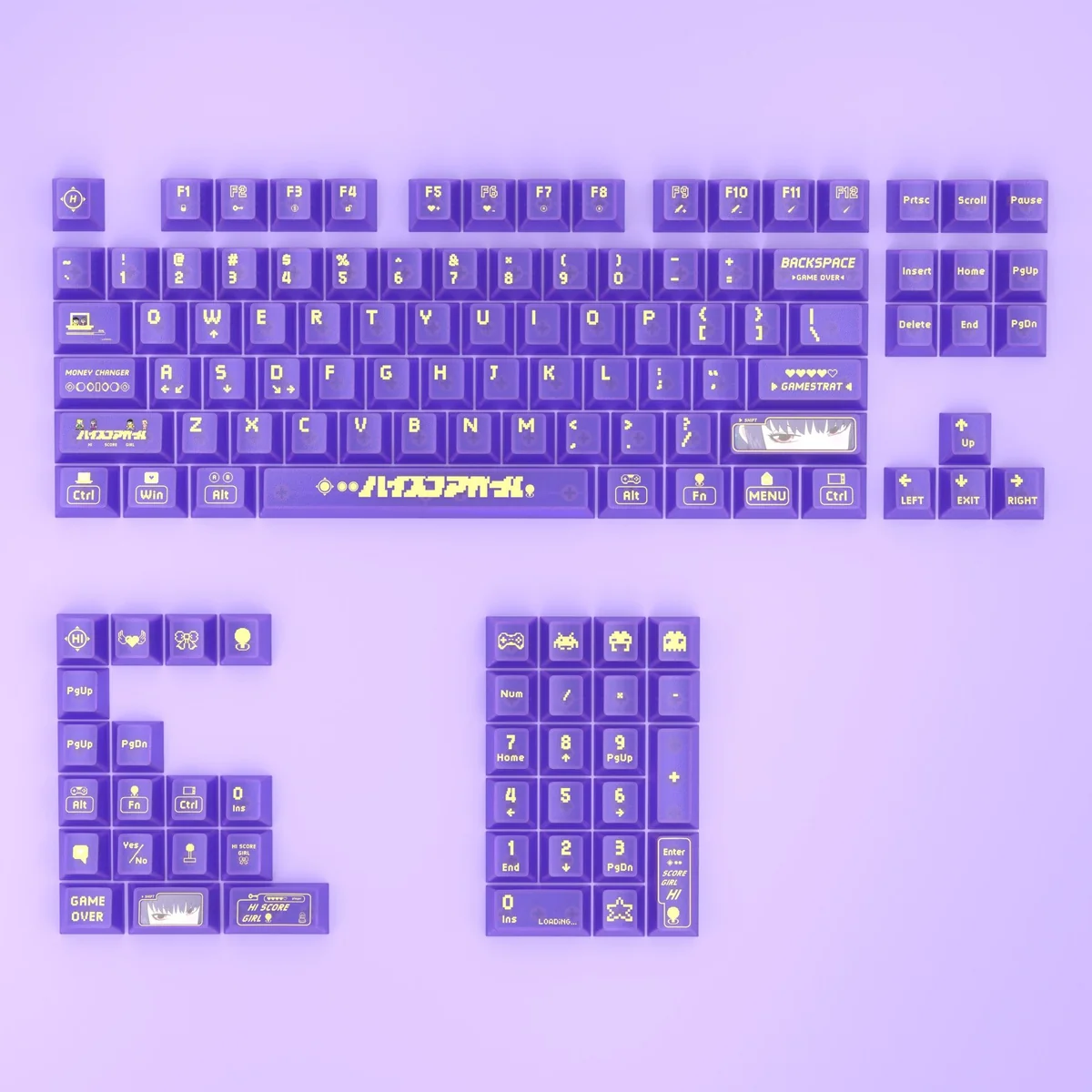 Playful Hi Score Girl translucent PC keycaps set showcasing vibrant anime characters and retro arcade pixel art, perfect for backlit keyboards.