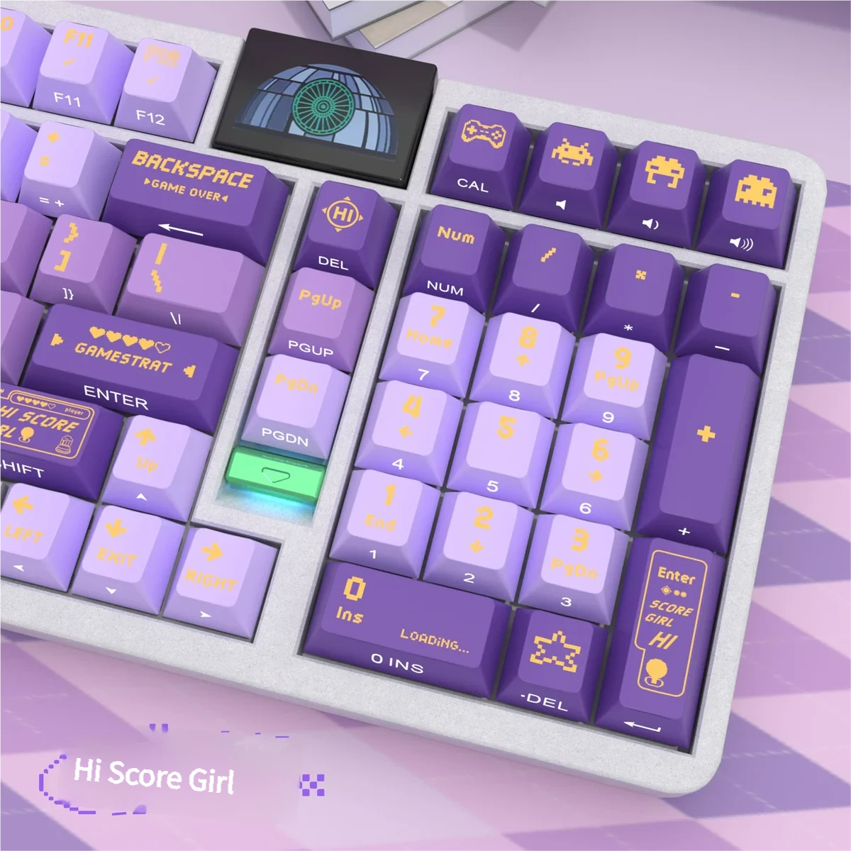 Vibrant Hi Score Girl side-printed PBT keycaps set from multiple angles, highlighting anime characters, pixel art, and backlit compatibility.