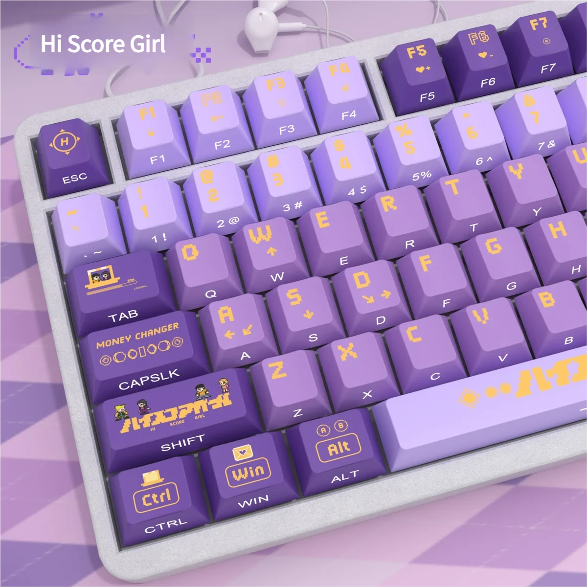 Hi Score Girl side-printed PBT backlit keycaps set showcased from various angles, highlighting vibrant retro arcade characters and pixel art.