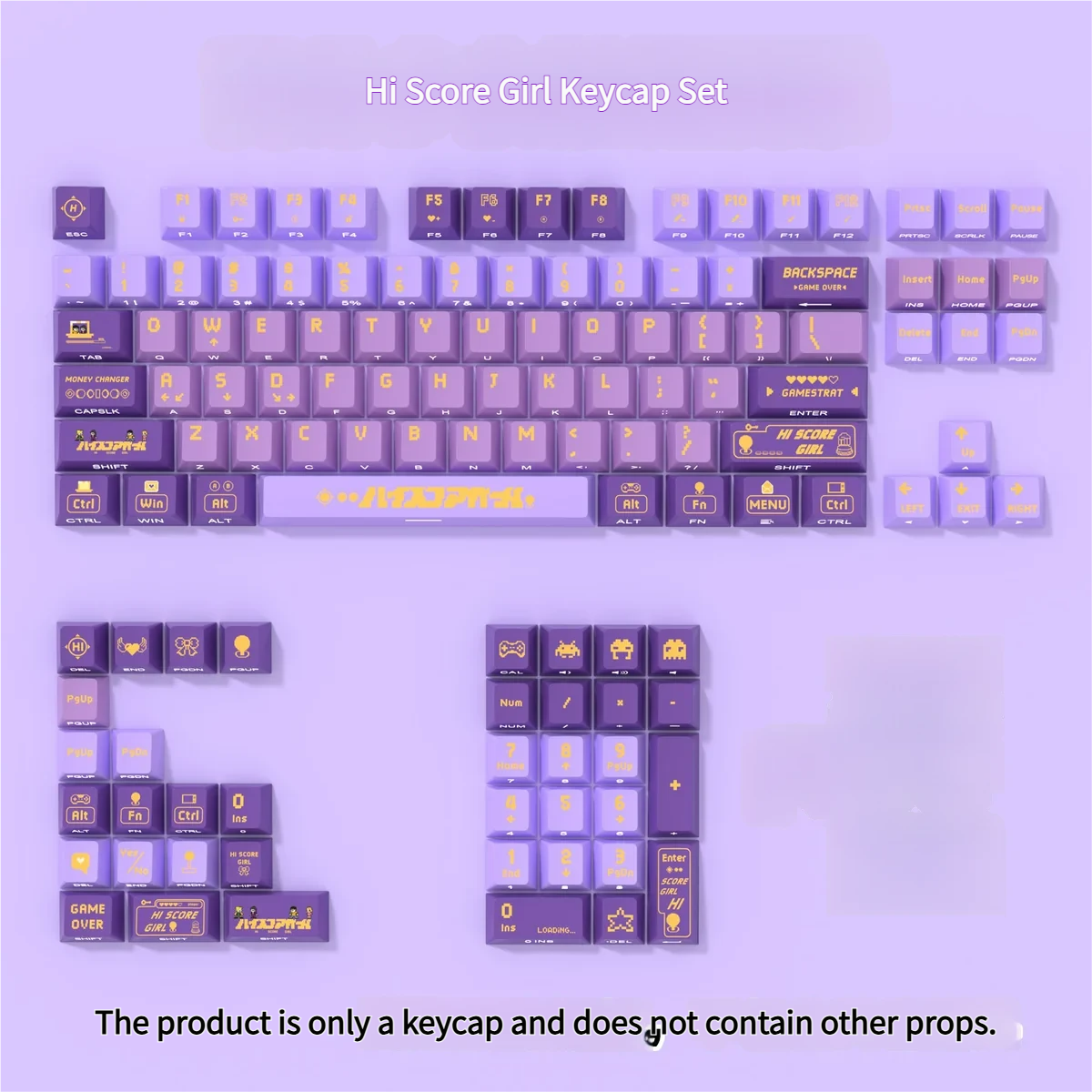 Vibrant Hi Score Girl PBT keycaps set from multiple angles, featuring playful anime characters, pixel art, and unique side-printed legends perfect for backlit keyboard.