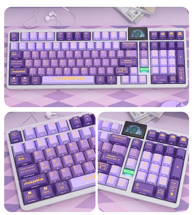 Hi Score Girl PBT keycaps set from various angles, displaying vibrant anime characters, pixel art, side-printed legends, and backlit compatibility.