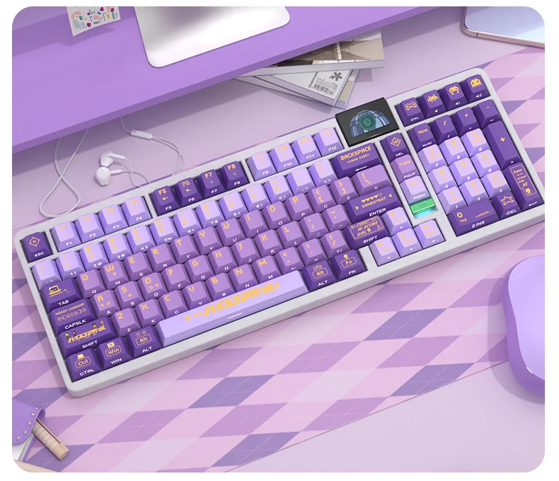 Playful Hi Score Girl translucent PC keycaps set showcasing vibrant anime characters and retro arcade pixel art, perfect for backlit keyboards.