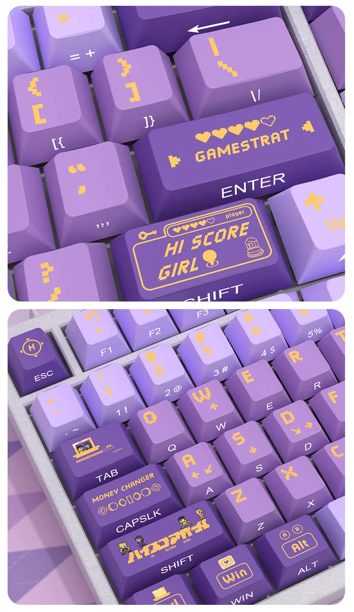 Vibrant Hi Score Girl 60/68 PBT keycaps set featuring playful side-printed anime characters and translucent legends, perfect for backlit retro arcade setup.