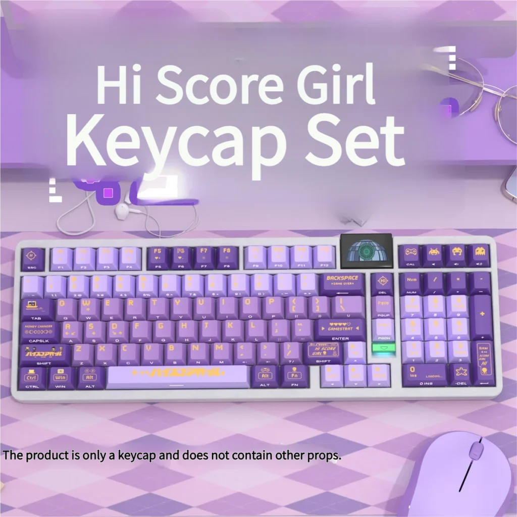 Vibrant Hi Score Girl side-printed PBT keycaps set for backlit keyboards, featuring playful anime characters and a retro arcade style.