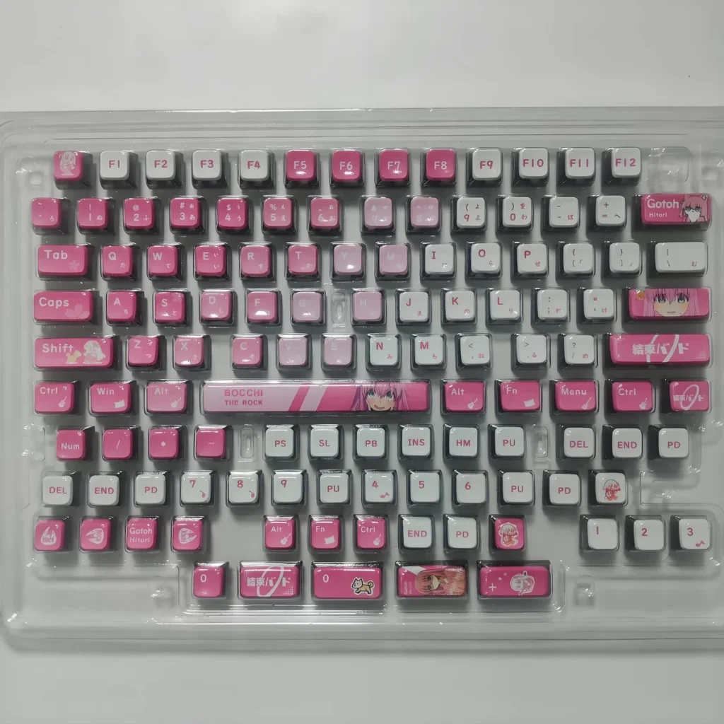 Vibrant Bocchi the Rock! backlit keycaps set displays playful anime art and illuminating four-sided translucent effects from various angles.