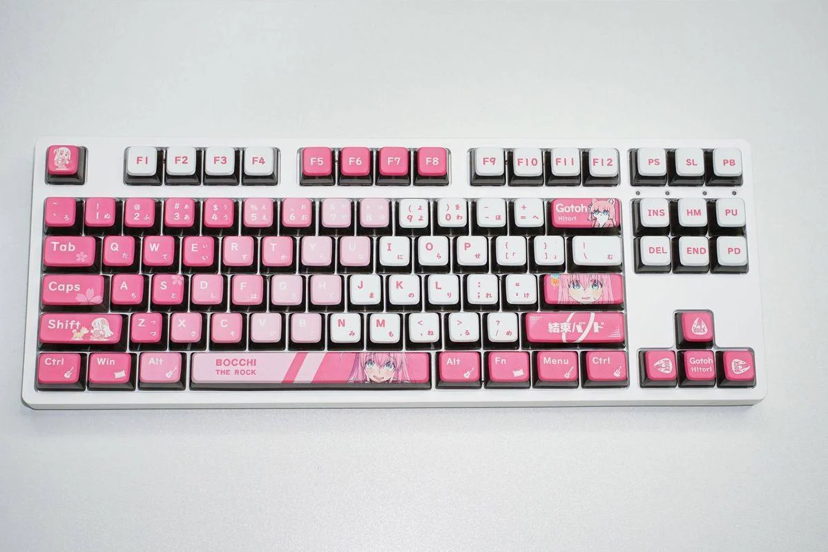 Detailed view of vibrant Bocchi the Rock keycaps set, showcasing playful anime character art and the stunning four-sided backlit glow.