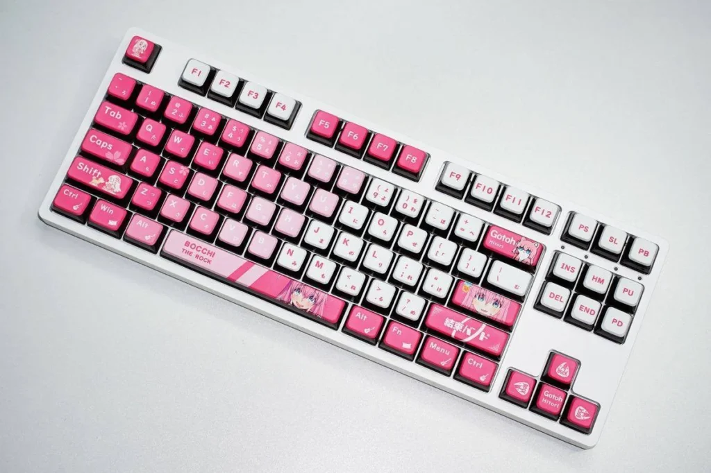 Vibrant Bocchi the Rock! backlit keycaps set featuring detailed anime character art and illuminating four-sided translucent effects, displayed from a dynamic angles.