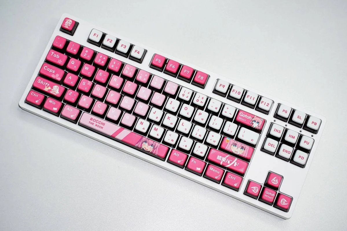Vibrant Bocchi the Rock! backlit keycaps set featuring detailed anime character art and illuminating four-sided translucent effects, displayed from a dynamic angles.