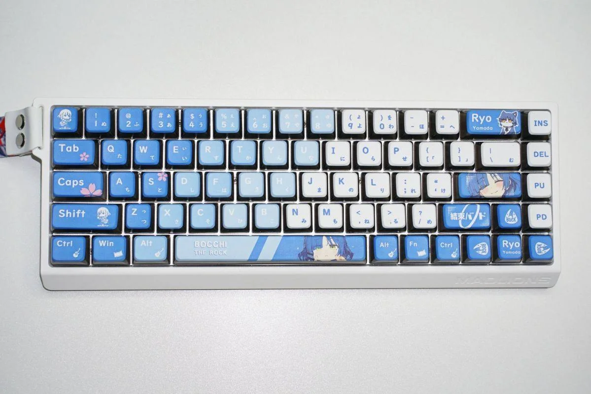 Vibrant Bocchi the Rock backlit keycaps set from a unique angle, revealing the detailed anime art and brilliant four-sided glow, perfect for keyboard enthusiasts.