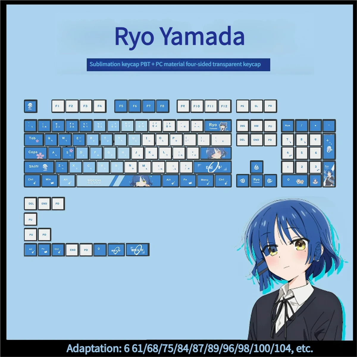 Vibrant Bocchi the Rock! Yamada Ryo four-sided backlit keycaps set, showcasing illuminating anime art for discerning keyboard enthusiasts.