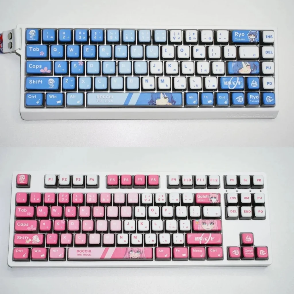 Vibrant Bocchi the Rock! backlit keycaps set showcasing detailed anime character art and stunning four-sided illumination, perfect for keyboard enthusiasts.