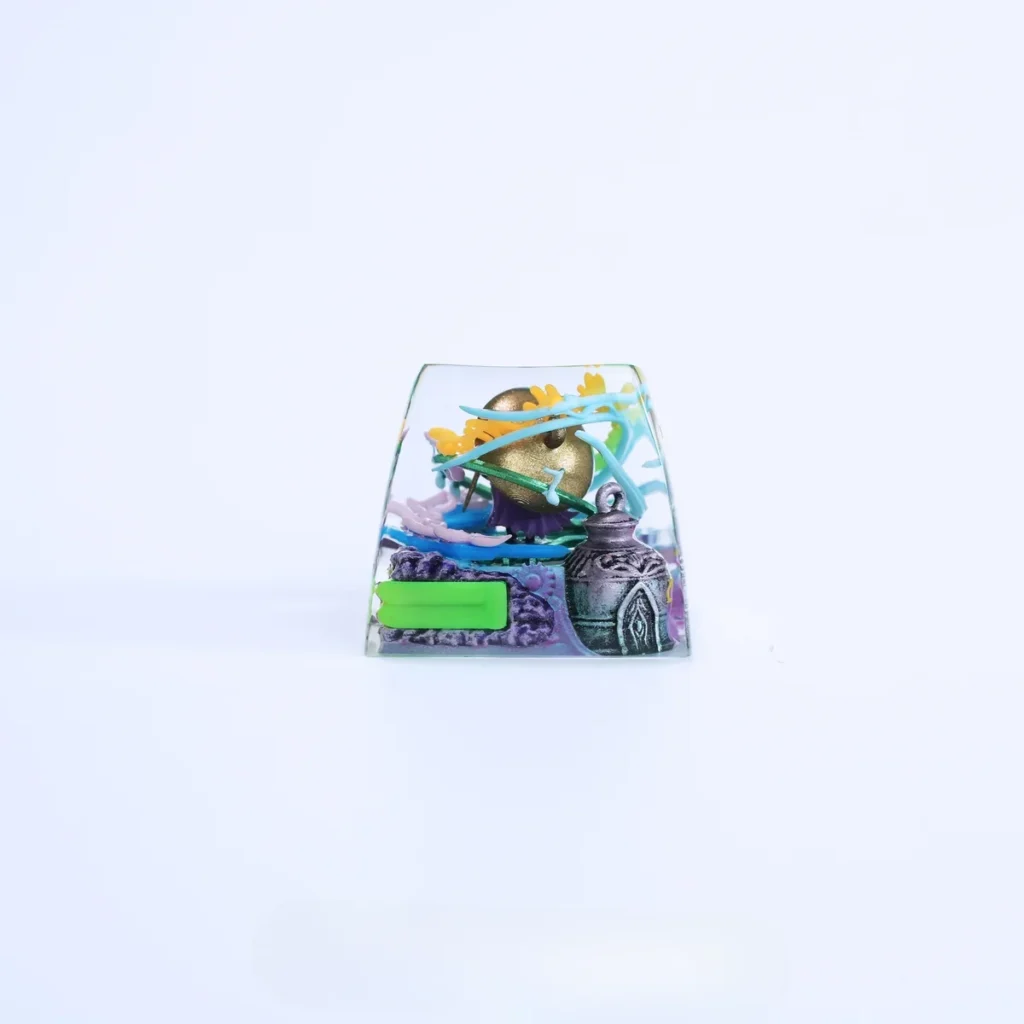 Hand-painted Sherma translucent Hollow Knight artisan keycap, showcasing intricate character details and glowing effect from various artistic angles.