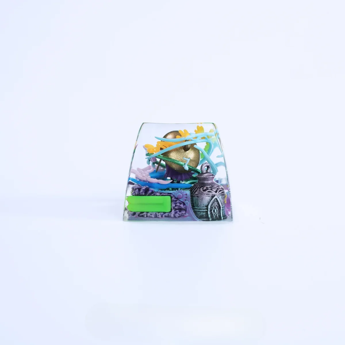 Hand-painted Sherma translucent Hollow Knight artisan keycap, showcasing intricate character details and glowing effect from various artistic angles.