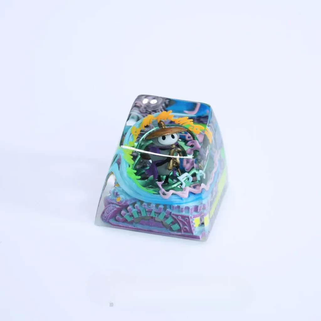 Multiple angles of a hand-painted translucent Sherma Hollow Knight artisan keycap, showcasing intricate details.