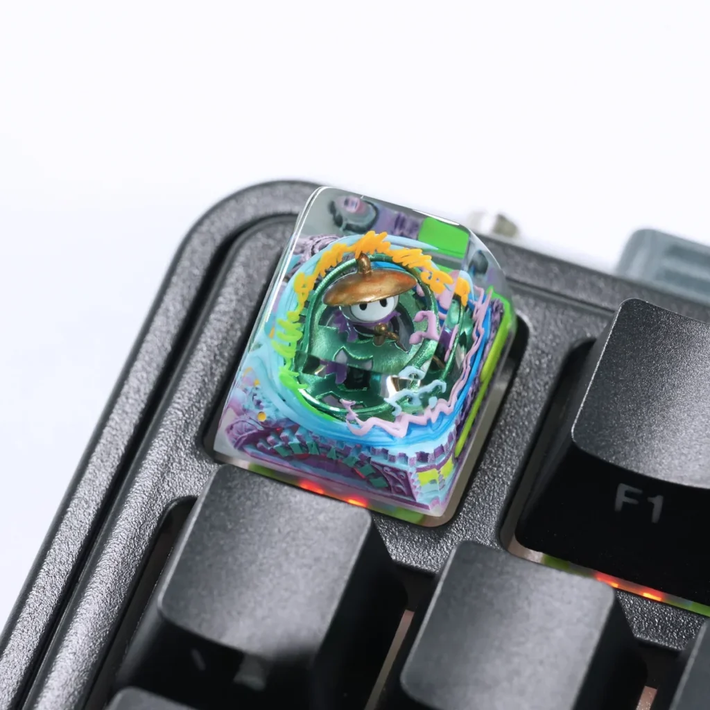 Intricate hand-painted Sherma Hollow Knight keycap, translucent and glowing, showcasing artistic craftsmanship.