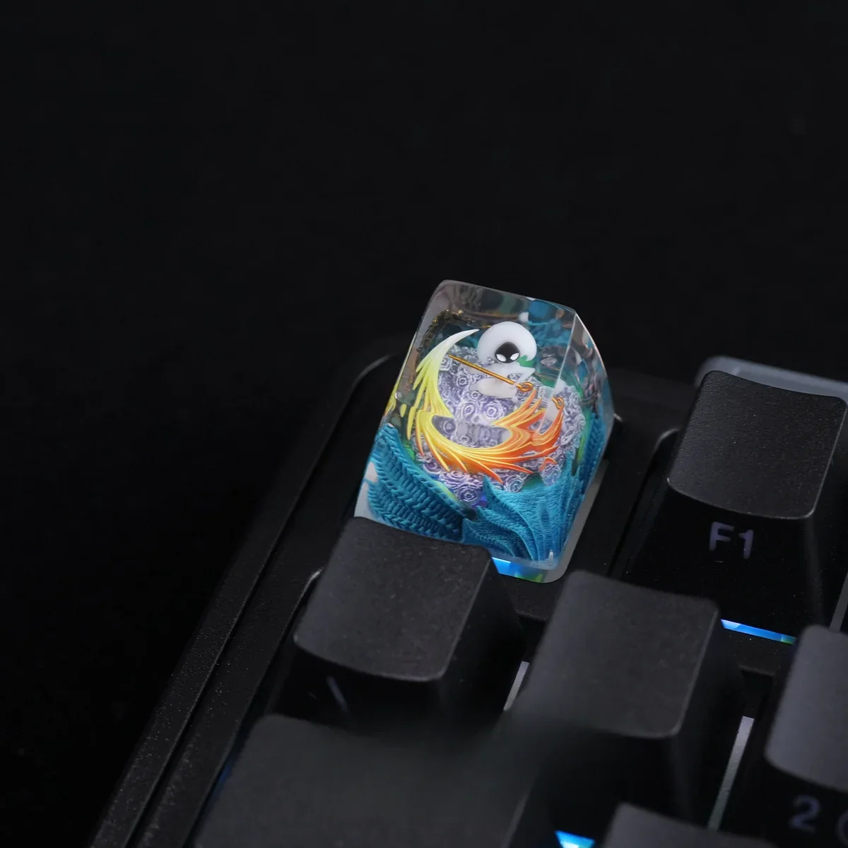 Exclusive Hollow Knight Silksong Lace ESC keycap art from various angles, highlighting its intricate design and translucent glow.