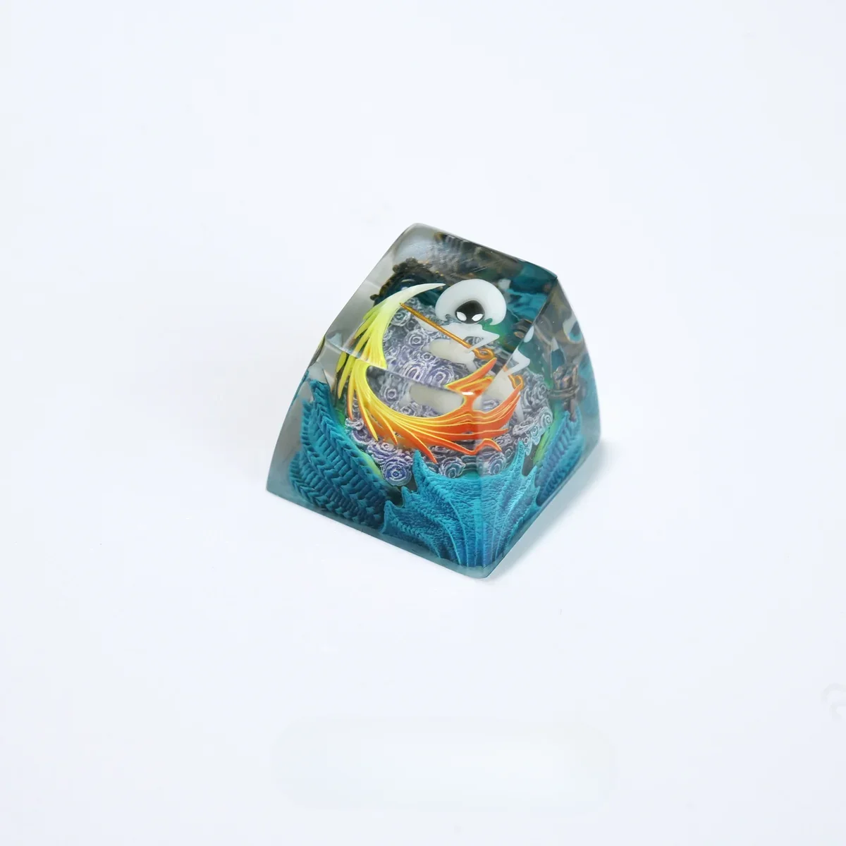 Exclusive Hollow Knight Silksong Lace ESC keycap, revealing its intricate translucent art and ethereal glow from various perspectives.