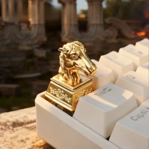 Close-up of a majestic bronze horse head artisan keycap, showcasing its intricate sculptural details and antique finish.