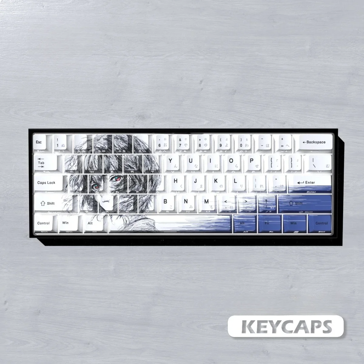 Iconic Ayanami Rei line art PBT keycaps set from various angles, showcasing the sleek black/blue finish and minimalist design.