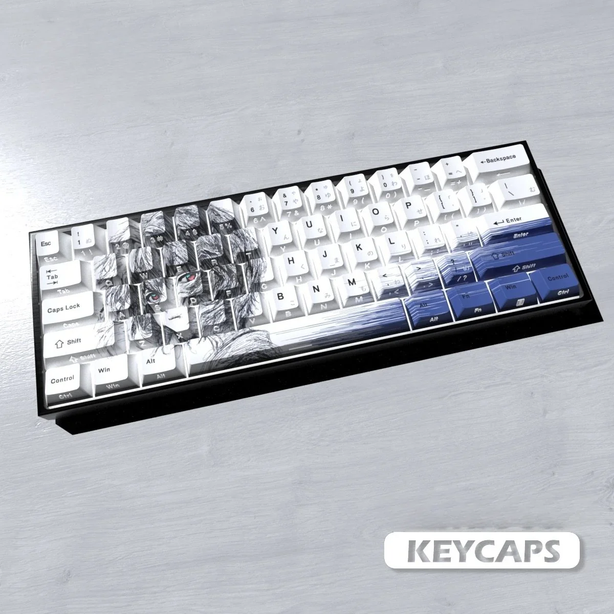 A gallery of Ayanami Rei Line Art PBT keycaps set, showcasing the iconic minimalist design from various angles to elevate your keyboard.